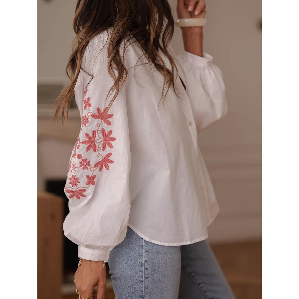 Fall Winter Women's Applique Long Sleeve Loose Blouse Elegant Chinese Style Casual Top For Women