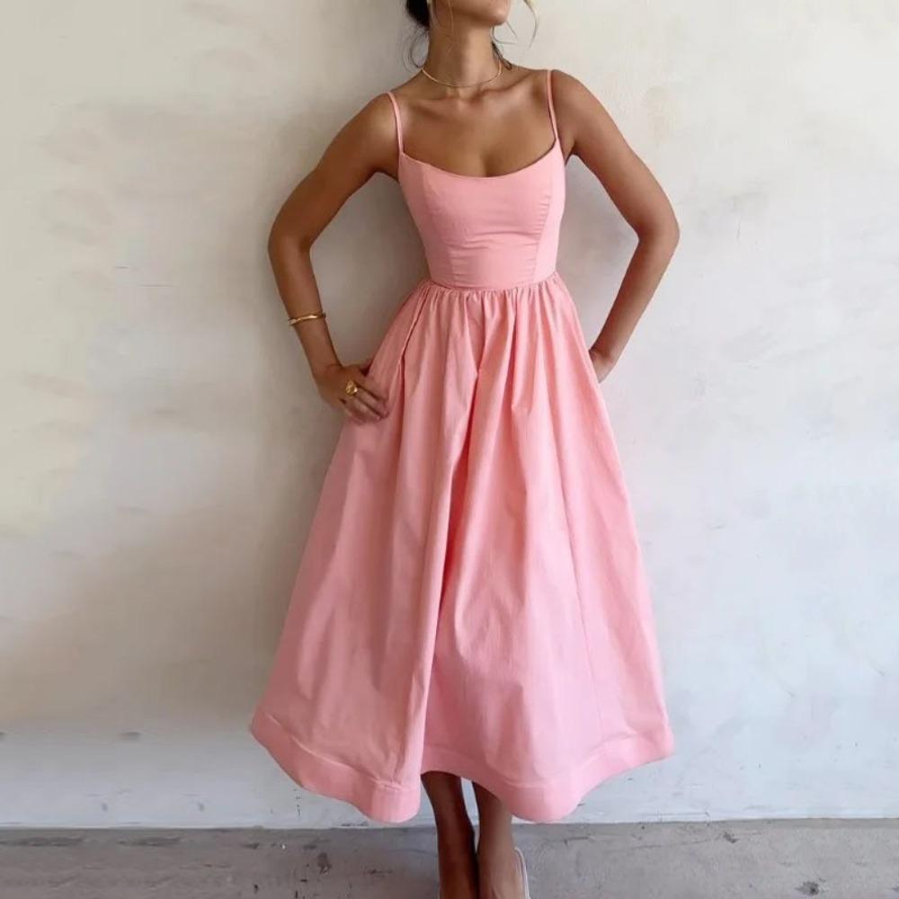 Women's U Neck Sleeveless Maxi Dress A-Line High Waist Solid Elegant Spaghetti Strap Sundress