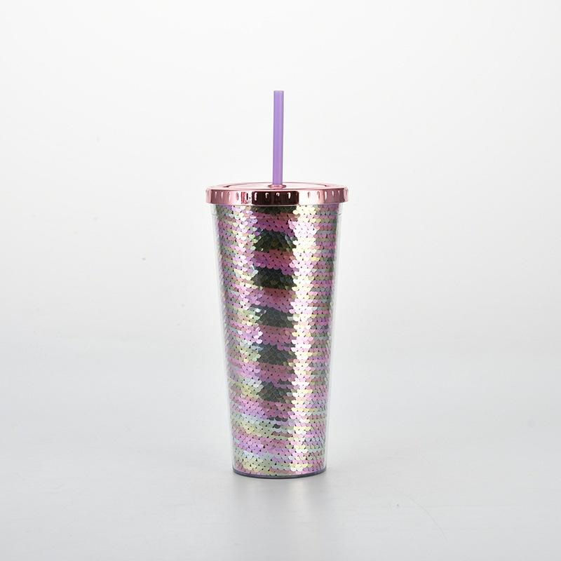 Double-Layer Plastic Cup, Sequined Straw Cup, Straight Cup, Summer Cold Drink Water Cup Can Be Determined