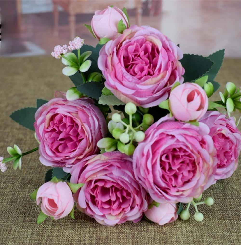 High Quality Artificial Flowers Peony White Pink Rose Bouquet Home Wedding Decoration Fake Flowers Craft Living Room Arrangement