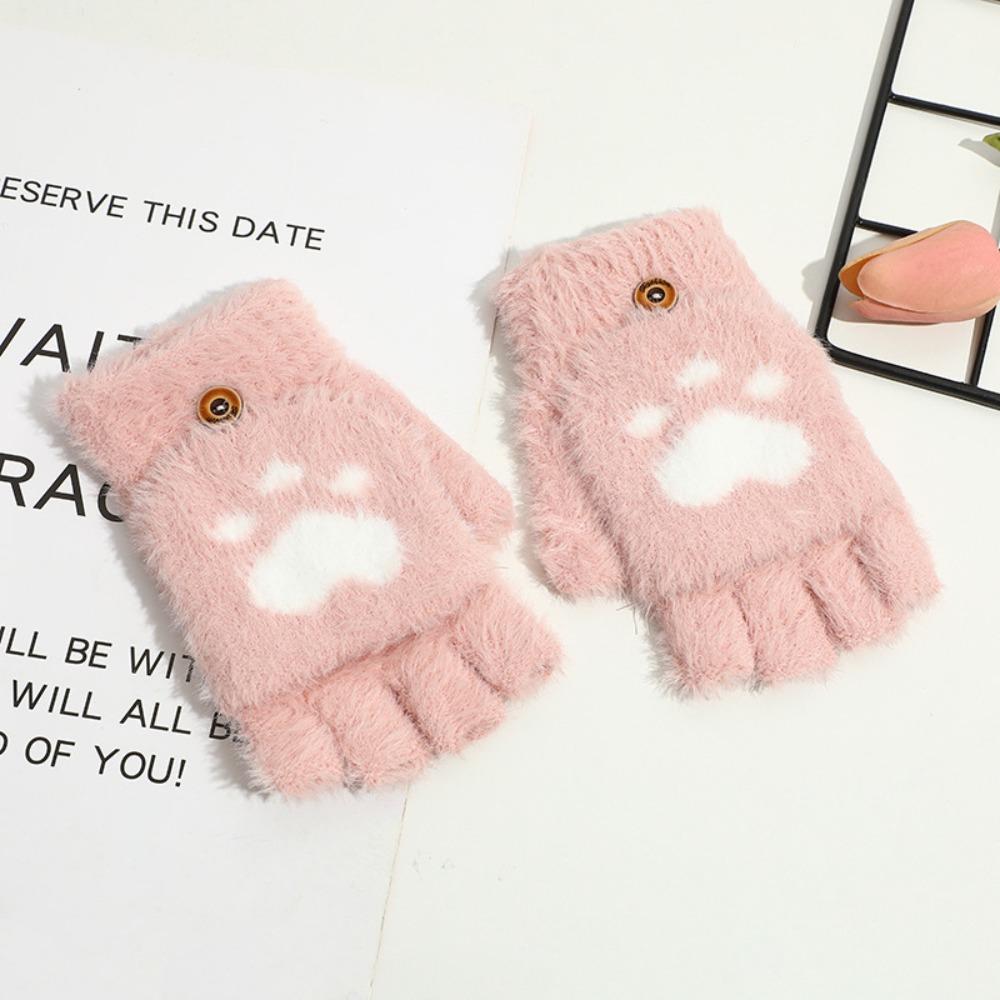 Fingerless Cat Paw Gloves Warm Fleece Touch Screen Gloves New Flip Knit Mittens  Women Girls
