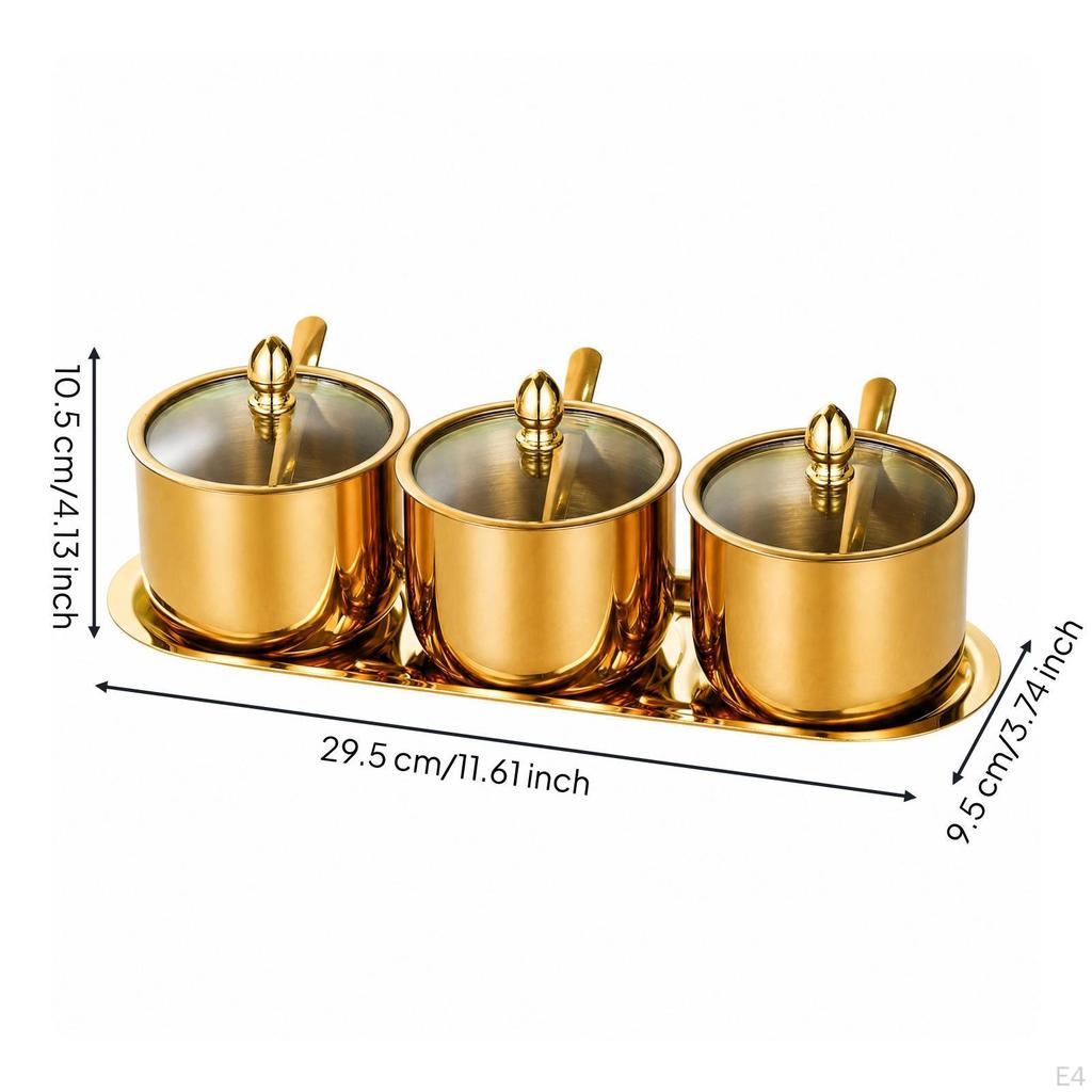 Stainless Steel Seasoning Container Set with Tray DustResistant ThreeCompartment Condiment Holder