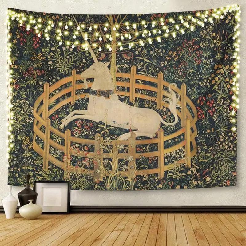 Medieval Unicorn Tapestry Vintage Floral Wall Hanging Polyester Classic Art Decor for Bedroom Living Room