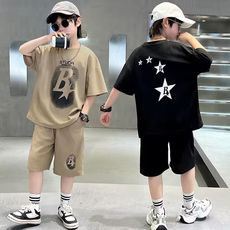 Boys' Summer Stylish Set Medium-Large Kids' Short-Sleeve Top + Shorts Casual Two-Piece Set