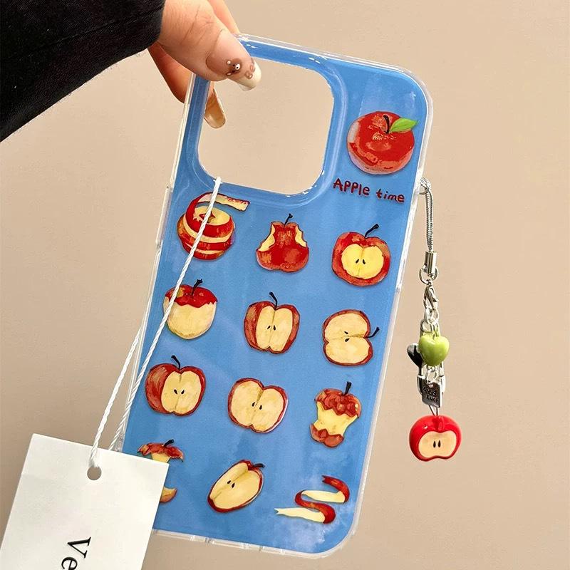 Ins-Style Cartoon Apple Pattern iPhone Case for 15/16/17 Pro Max - Drop-proof Soft Case with Pendant.
