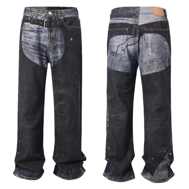 RogueWave High Street Straight Washed Dirty Ripped Blue Jeans Pants for Men Vintage Casual Loose Denim Trousers Frayed Patchwork Cargos