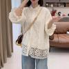 Korean Style Openwork Lace Lapel Blouse - 2025 Spring Women's Loose Fit, Long Sleeve