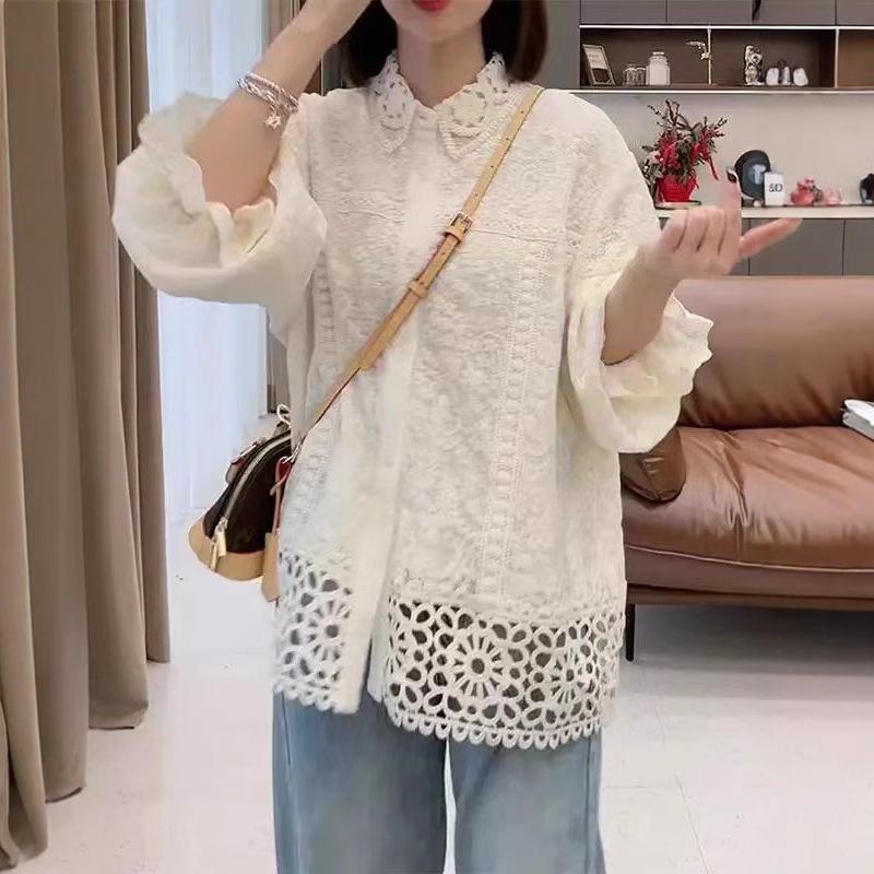 Korean Style Openwork Lace Lapel Blouse - 2025 Spring Women's Loose Fit, Long Sleeve