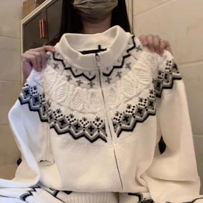 Cardigan Jacquard cu Model Geometric pentru Femei, Retro American, Gât Rotund, Pulover cu Fermoar, Toamnă, Expresie Fashion, Palton Top pentru Doamne