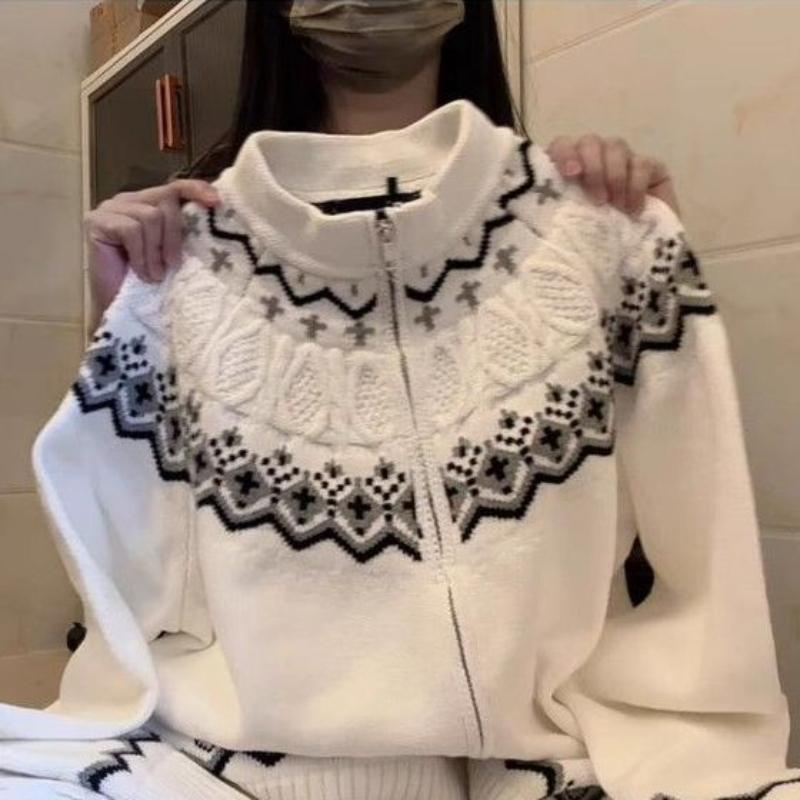 

Женский кардиган жаккардовый с геометрическим узором, американский ретро, круглый вырез, на молнии, свитер, осенняя экспрессия, модное женское пальто XL