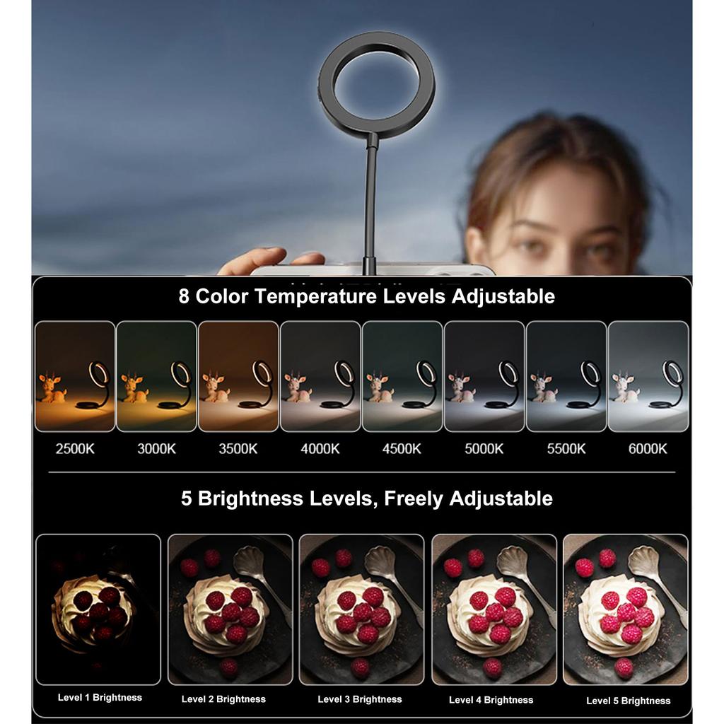 Magnetic Selfie Rings Light 360 degrees  Rotatable Phone Camera Light with 8 Color Temperature