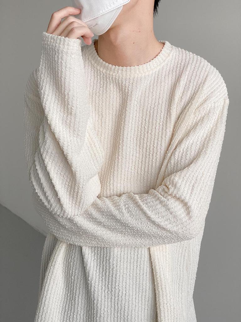 Herren Japanisches Texturiertes Gestreiftes Langarm Herbst Freizeit T-Shirt