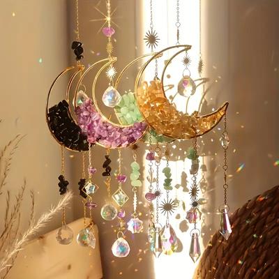 4pcs Moon-shaped Crystal Sun Catcher, Car Pendant, Magic Rainbow Hanging Wall Decoration, Fantasy Crystal Pendant, Rainbow Manu