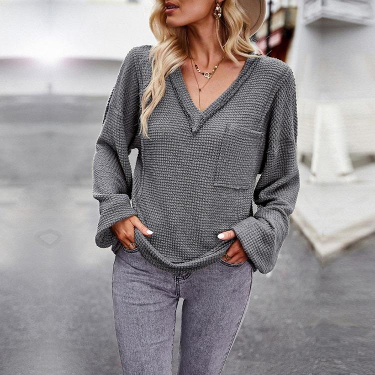 Autumn Winter Women Solid Color V Neck Knit Sweater Long Sleeve Top