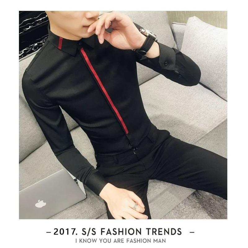 Men's Slim Fit Long Sleeve Shirt Contrast Red Striped Lapel Formal Casual Business Top