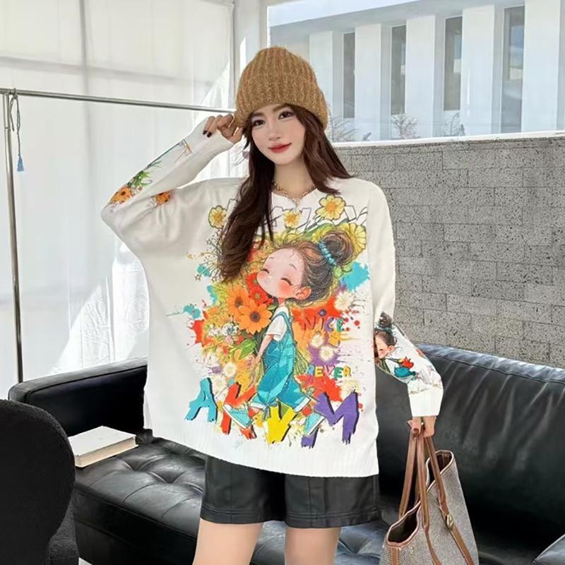 Korean Style Cartoon Print Rhinestone Round Neck Long Sleeve Pullover Sweater for Women - Cute Loose Autumn Winter Knitwear