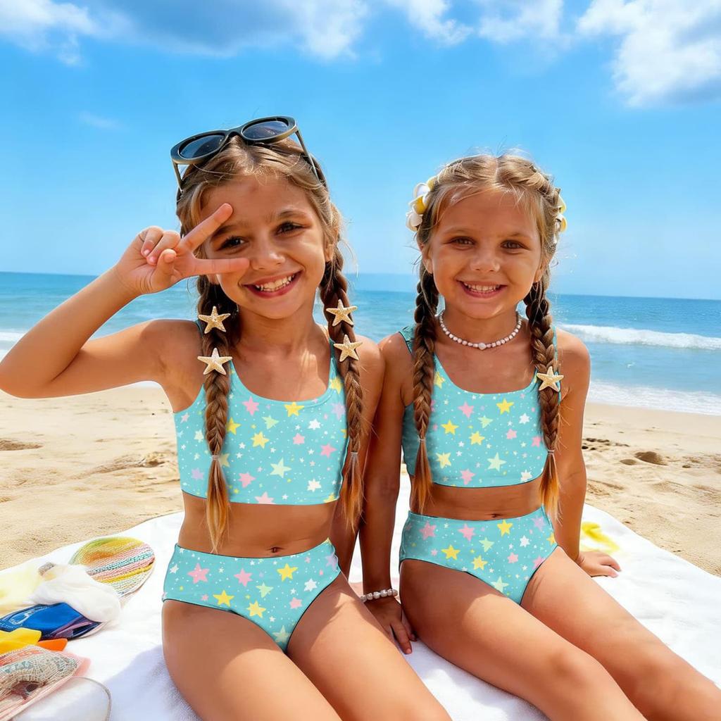 Girls Two Piece Swimsuit Set Tankini Top and Bottom Star Print Summer Beach Swimwear for Kids Lightweight Comfortable Fit