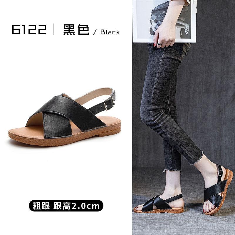 

2025 new summer cowhide cross flat heel soft sole daily casual breathable one-word buckle with lightweight Roman sandals women 35