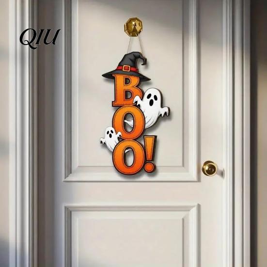 Retro Halloween Decor Boo Ghost Sign, Wooden Door Hanger Cute Festive Hanging Sign Witch Hat for Front