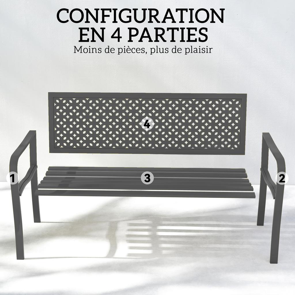 Outdoor Metal Bench, 2-Seater, Geometric Backrest and Armrests, Dark Grey