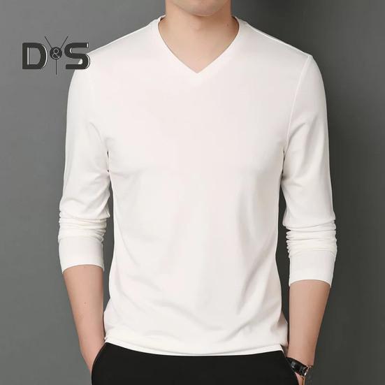 Men Fall Spring Top V Neck Long Sleeves Pure Color Slim Fit Thin Pullover T-shirt Daily Wear Sport Homewear Clothes