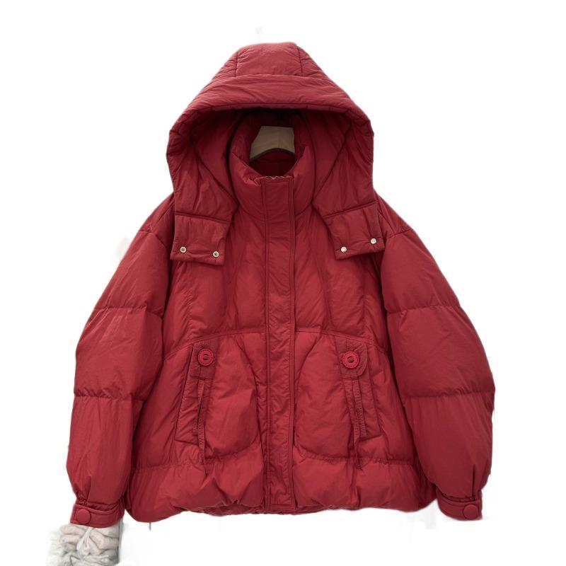 Fashion white hooded round buckle down jacket women's short winter new loose warm white duck down jacket