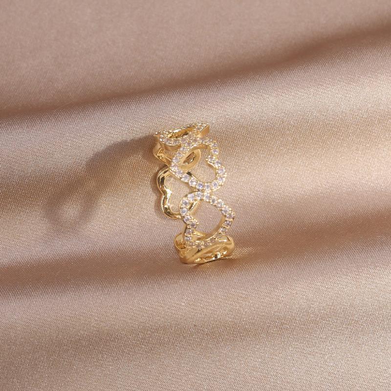 Design Fashion Jewelry 14K Real Gold Electroplating Hollow Love Zircon Ring Elegant Women's Opening Adjustable Ring