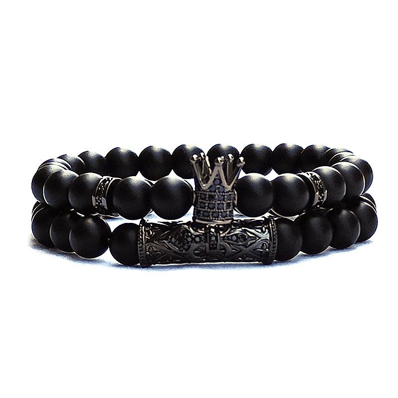 European Micro-Inlaid CZ Crown & Frosted Stone Elastic Bracelet Set for Men & Women