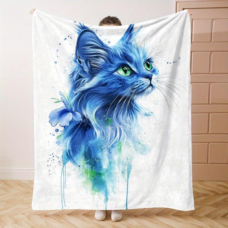 Blue watercolor cat and butterfly pattern blanket Blanket for Sofa Bed Travel Camping Living Room Office Conditioning Blanket 75x100cm