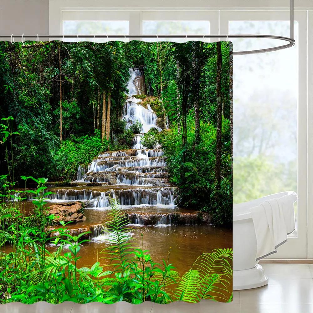 Tropical Forests Shower Curtain Aesthetic Woods Bird Fabric Bathroom Curtain Natural Scenery Home Decor Bathroom Accessories Set