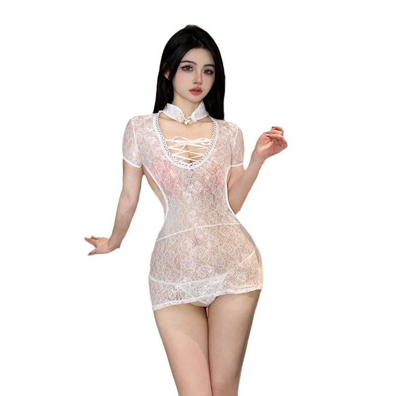 Sexy Lingerie Sexy Cheongsam Uniform Seduction Lace Mesh Perspective Backless Deep V Tight Straps