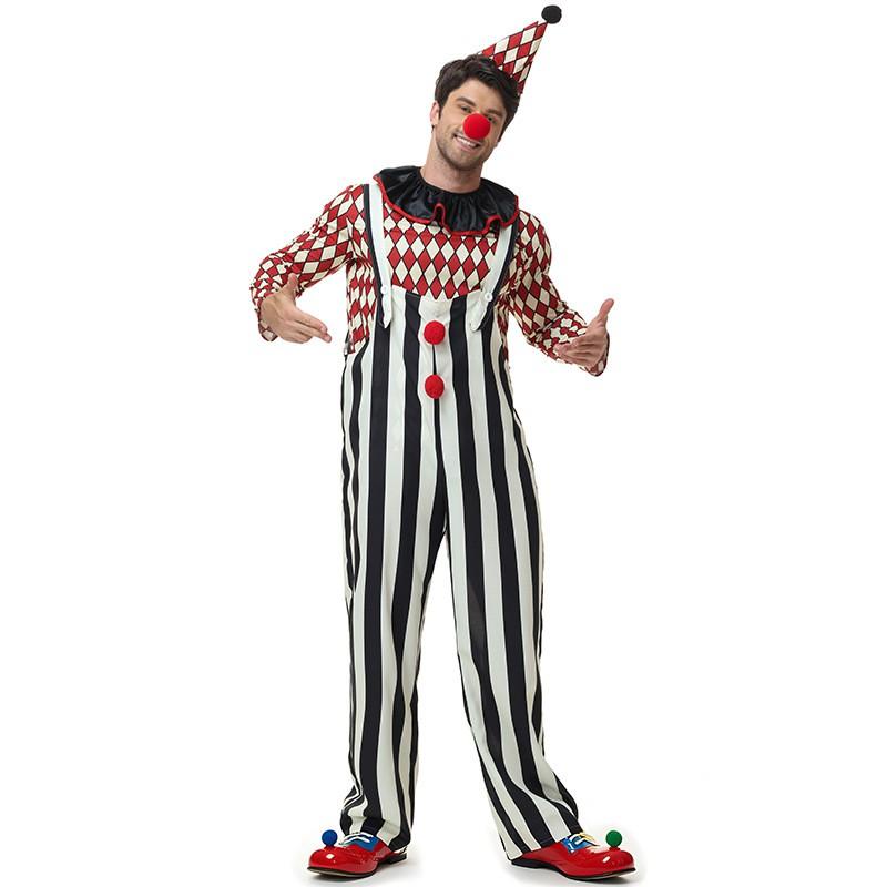 Costume de Clown de Cirque pour Couple Adulte Halloween Ensemble Rayé Fête Masquée Performance