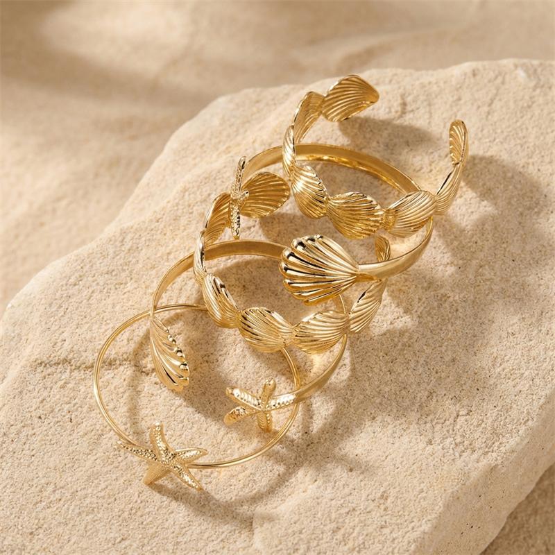 5 Pcs/Set Summer Gold Color Adjustable Open Bangles for Women Classic Shell Starfish Cuff Bracelet Girls Beach Party Jewelry