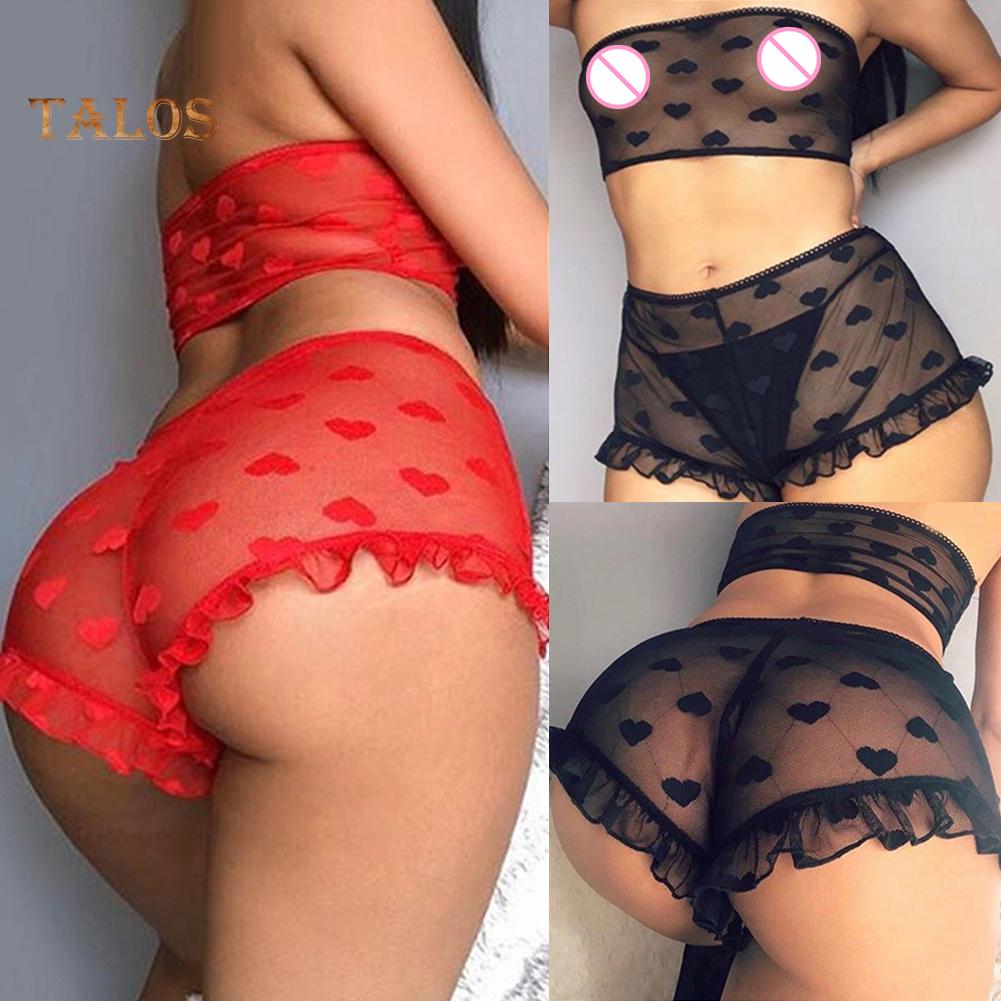 Women Erotic See Through Heart Print Underwear Set Tube Top Lace Micro Shorts