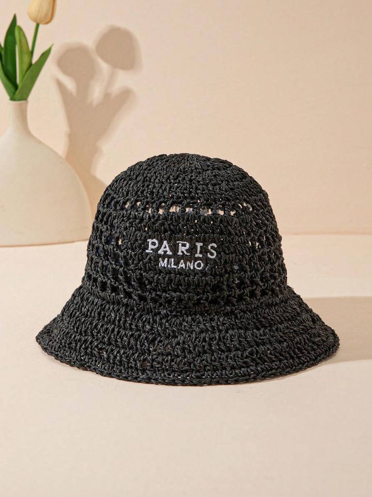 Women's Fashionable Bohemian Beach Resort Inverted Triangle Letter Embroidery Handmade Crocheted Straw Hat
