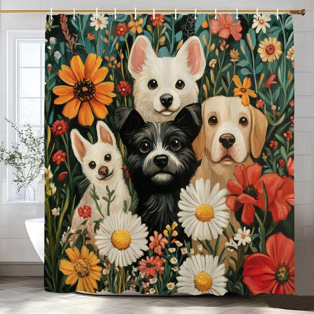 Cute Cats and dogs in the garden Shower Curtain, Bathroom Decorative Shower Curtain, Waterproof Shower Curtain with Hooks