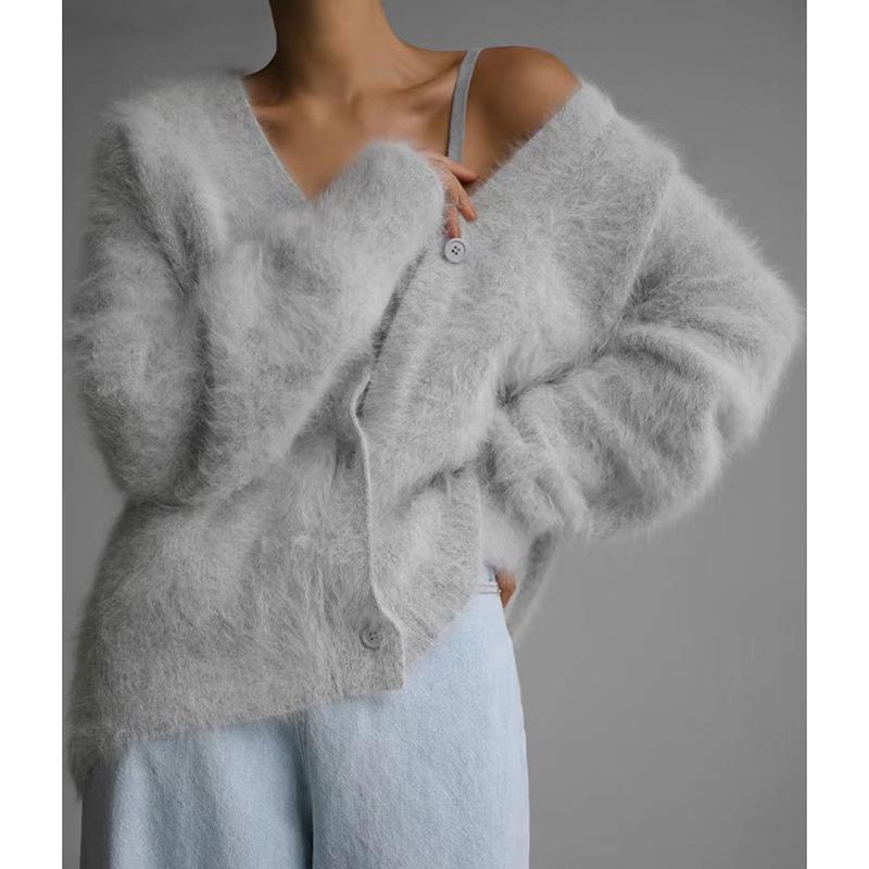 Women's French Retro V-Neck Faux Mink Sweater Coat - Single-Breasted Long Sleeve Loose Knitted Cardigan