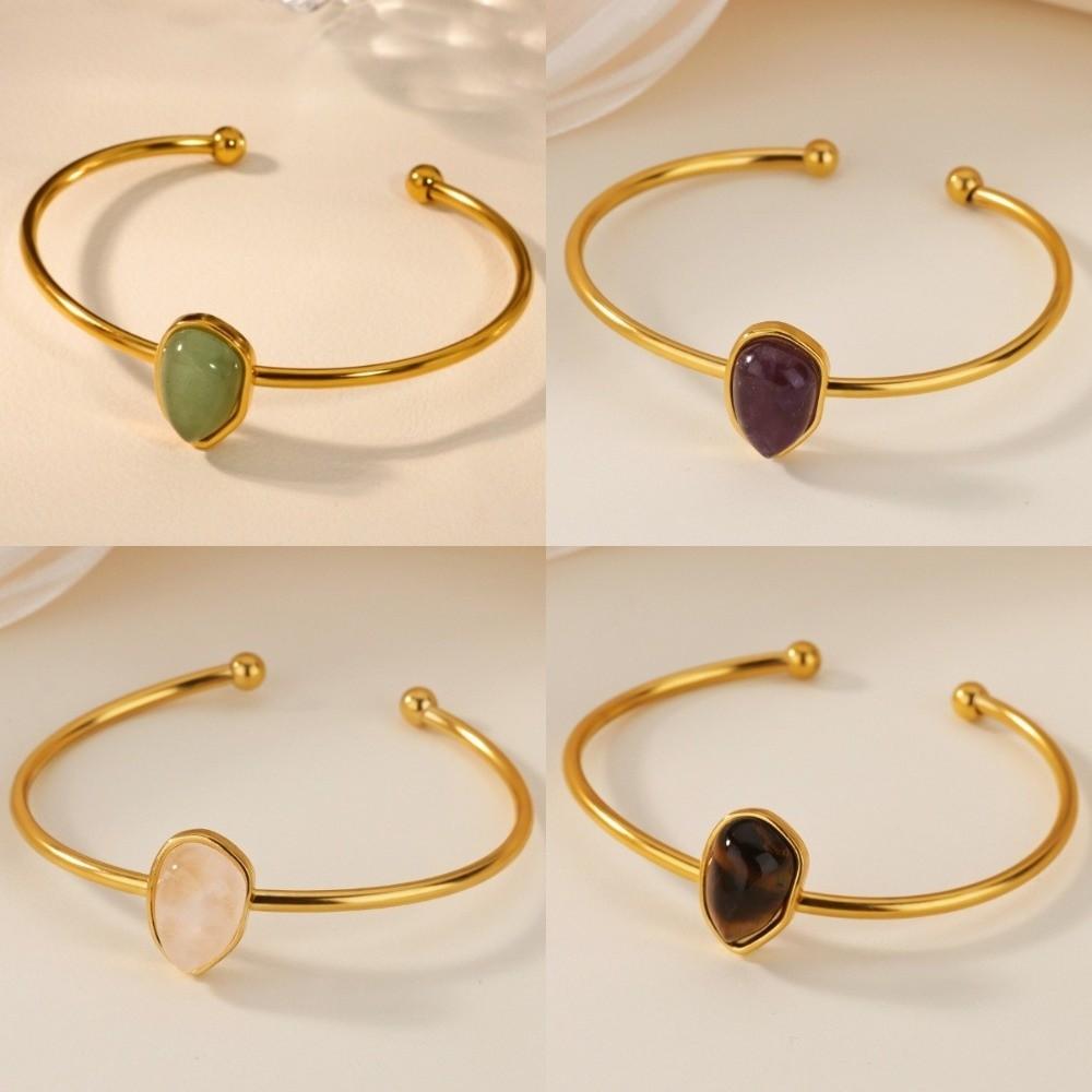 Gold-plated Oval Stone Bracelet Stainless Steel Cuff Bracelet Vintage Open Bangle  Women Jewelry