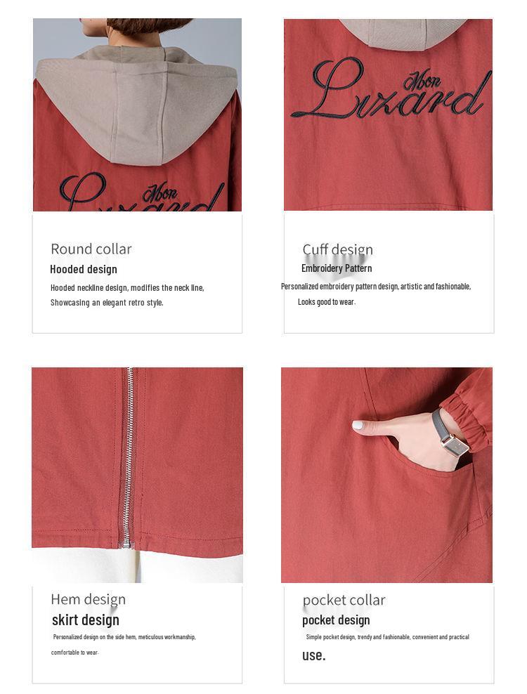 Women's Plus Size Embroidered Color Block Windbreaker - Mid-Length, Loose Fit, Korean Style Jacket for Spring and Autumn