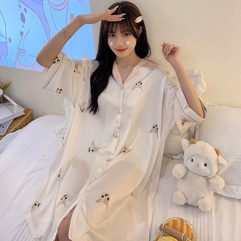 

Осінній мультяшний цуценя з коротким рукавом, маленьким коміром, нічна сорочка, дружня до шкіри, зручна для тіла, м який домашній одяг, нічна сорочка L