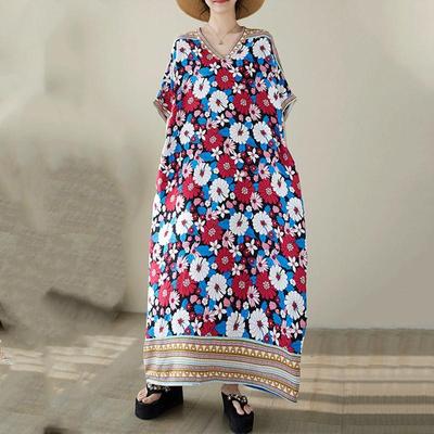 Manica corta Taglie forti in cotone Raso vintage floreale nuovo in abiti da donna casual abito lungo estivo ampio