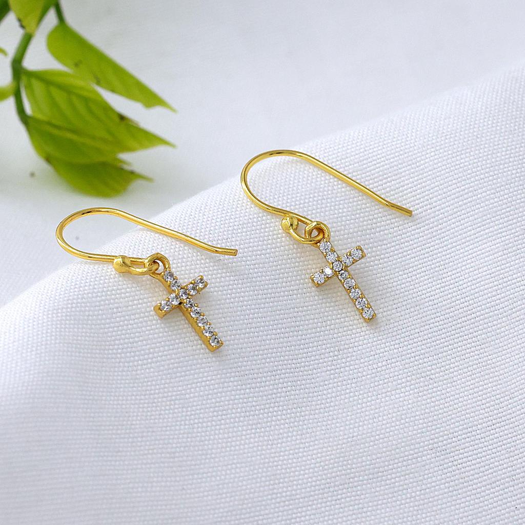 Gold Plated Cross Earring, 925 Sterling Silver Women Jewelry, Cubic Zircon Handmade Earring