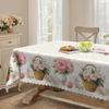 Round Dining Table Cloth, Pink And White Flower Leaf Pattern Waterproof Leave-In Long Tablecloth, Household Dining Table Cloth