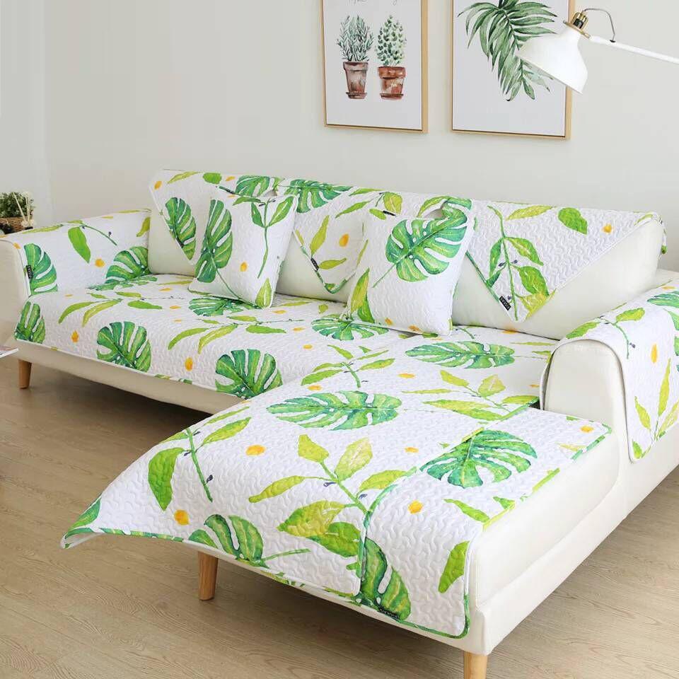 Pure Cotton Sofa Cushion, Living Room Fabric Cover Cover, All Season Universal Anti Slip Seat Cushion, Green Leaf