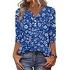 Women’s Casual Retro Floral Print V Neck Decorative Button Three Quarter Sleeve T Shirt Top for Daily Wear