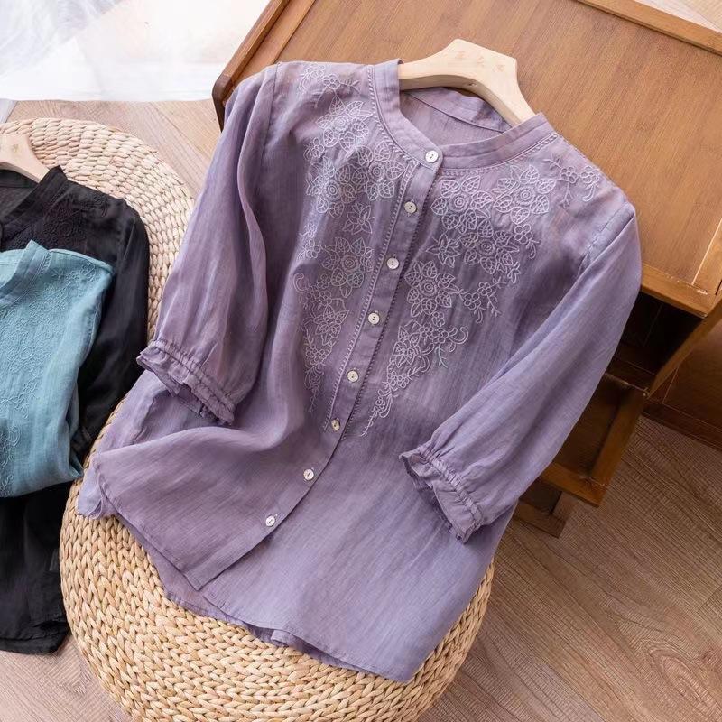 Export medium-sleeved cotton and linen shirt women's embroidery new thin cotton and linen top temperament loose and beautiful shirt women