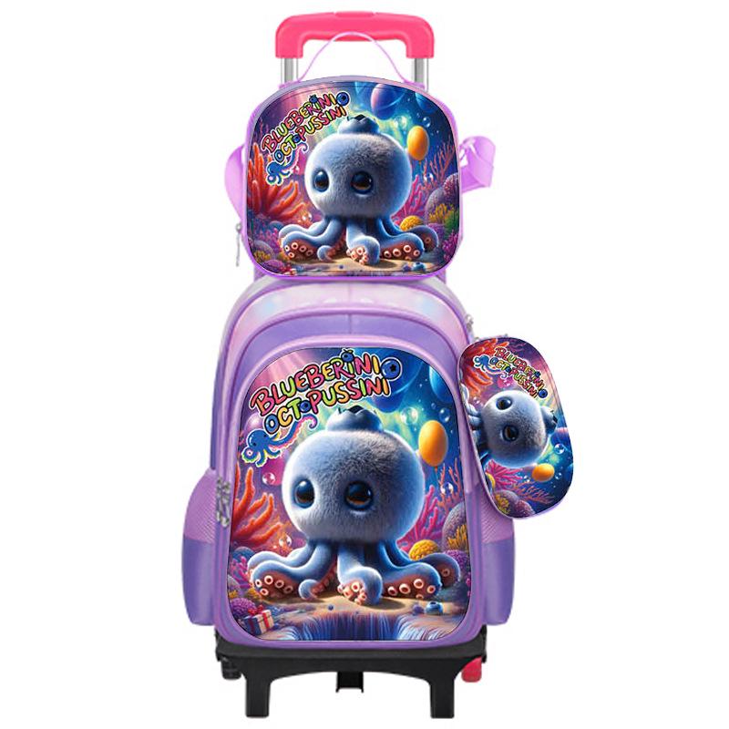 Cute Cartoon Double-Shoulder Backpack with Two-Wheel and Six-Wheel Options, 3-Piece Set for Primary School Students