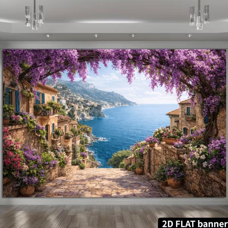 2D Mediterranean Coastal Town Backdrop, Wisteria Arch Banner