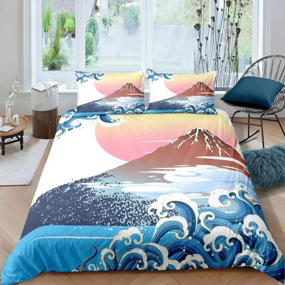 Japanese Wave King Queen Duvet Cover Blue Sea Bedding Set Maple Leaf Moon Quilt Cover Hokusai Ukiyo-E Polyester Comforter Cover