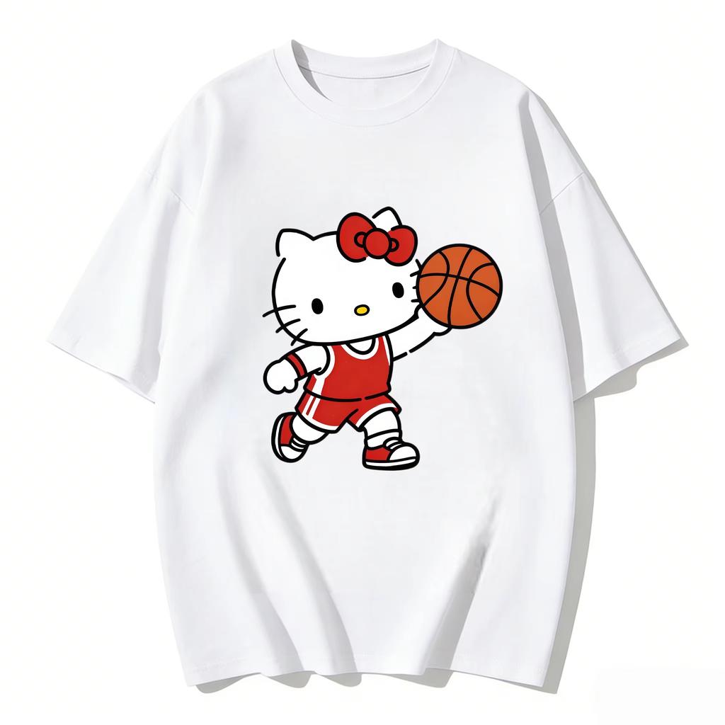 2026 New Summer HelloKitty Cute Graphic Tee Casual Short Sleeve Cotton Top for Women Girls Kawaii Cartoon Print Streetwear